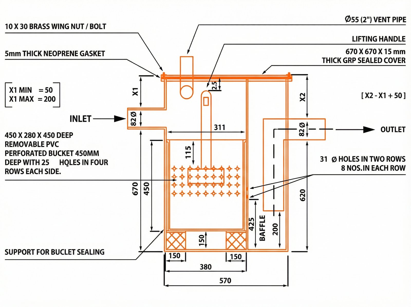 مصيدة الدهون المصنّعة النوع A — تفصيل حسب الطلب (معتمدة من بلدية دبي) — Technical Schematic