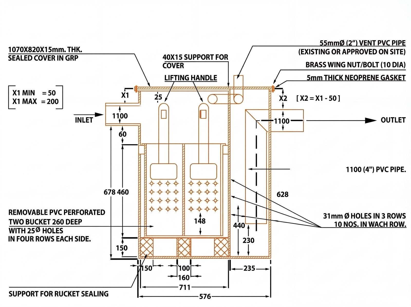 Fabricated Grease Trap Type B — Twin Bucket (Dubai Municipality Approved) — Technical Schematic