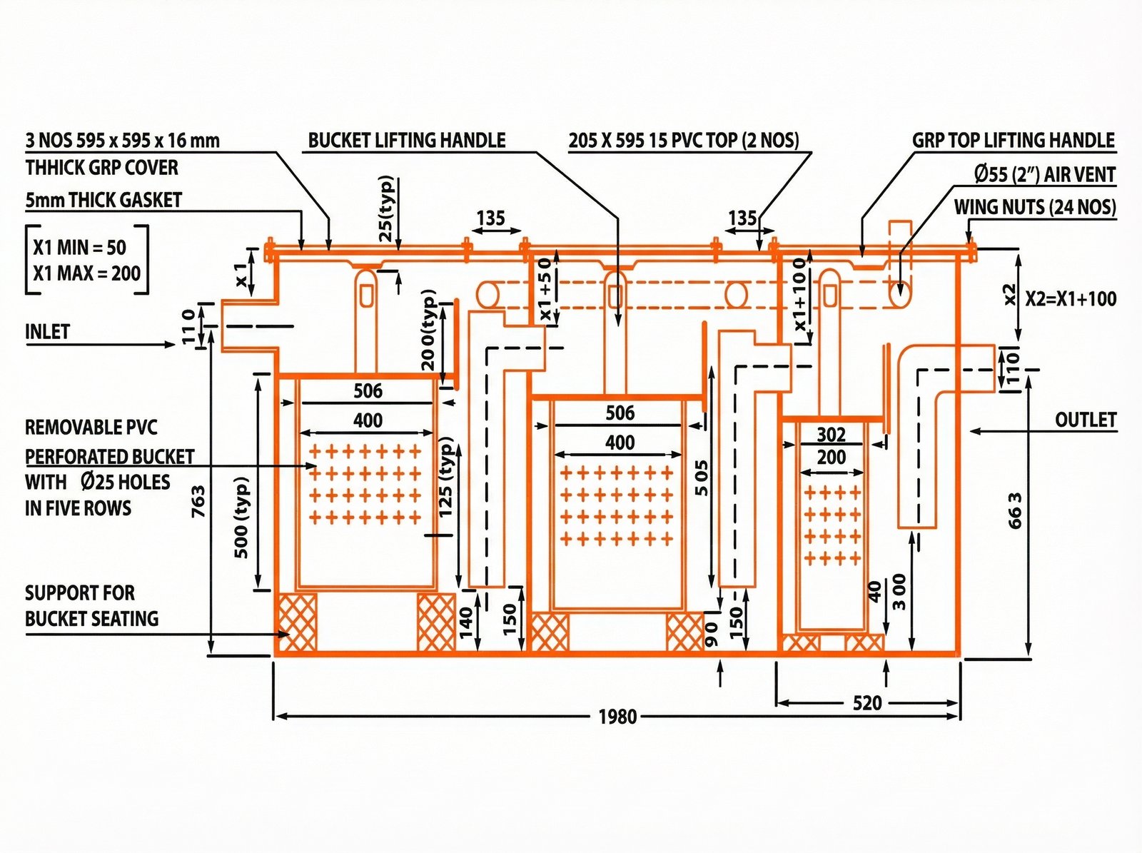 Fabricated Grease Trap Type C (Dubai Municipality Approved) — Technical Schematic