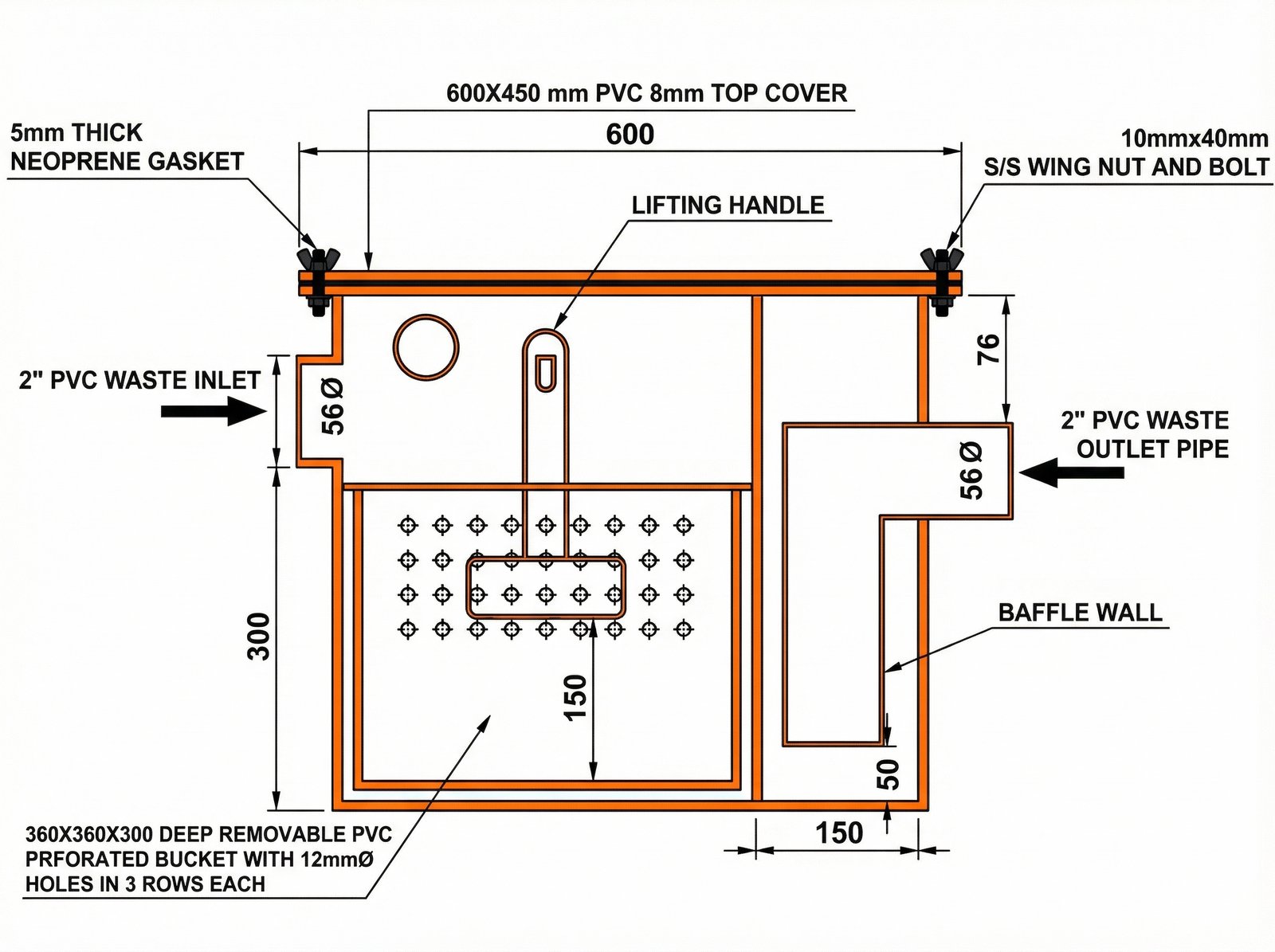 Fabricated Grease Trap Type D (Dubai Municipality Approved) — Technical Schematic